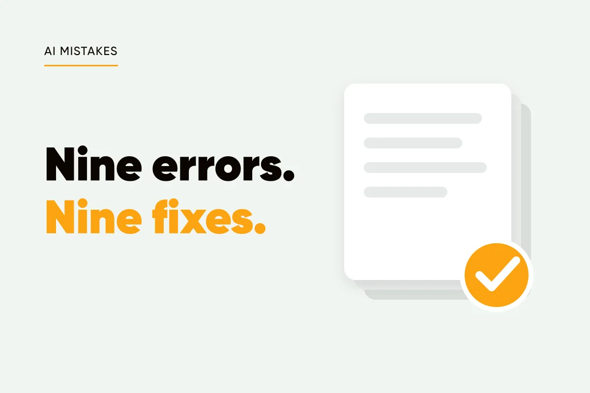 Branded cover with stacked checklist cards and an amber checkmark and the headline nine errors, nine fixes