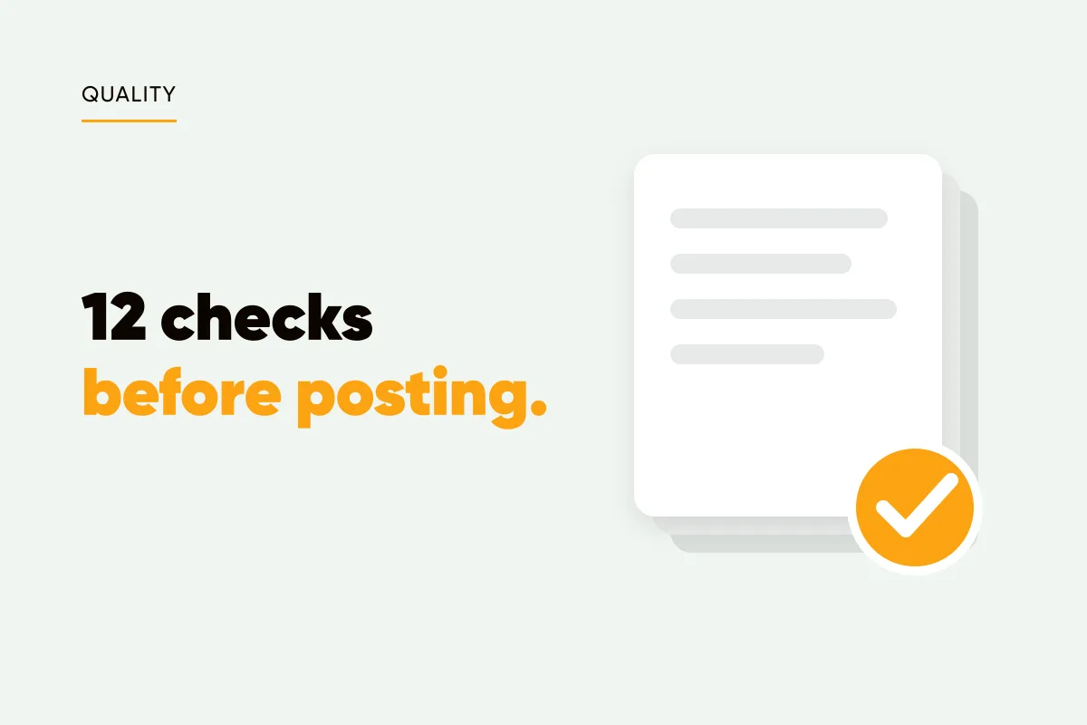 Branded cover with a checklist card stack and amber checkmark and the headline 12 checks before posting