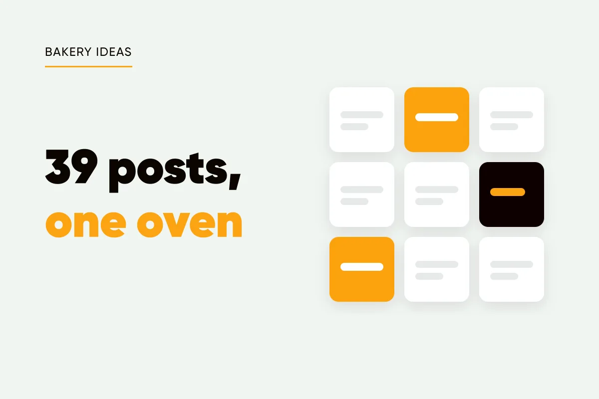 Branded cover with a grid of idea tiles, the eyebrow BAKERY IDEAS and the headline 39 posts, one oven