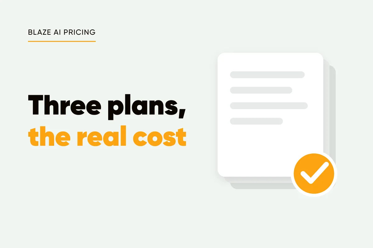 Branded cover with a stack of cards and a check mark, and the headline three plans, the real cost, under the eyebrow Blaze AI pricing