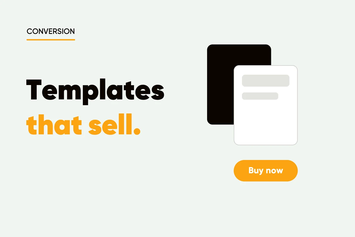 Layered design templates with a buy-now button representing high-converting brand templates