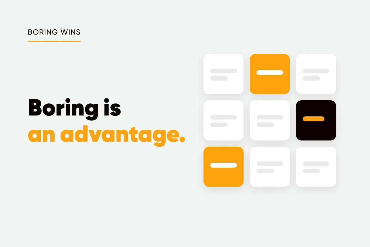Branded cover with a grid of idea tiles and the headline boring is an advantage