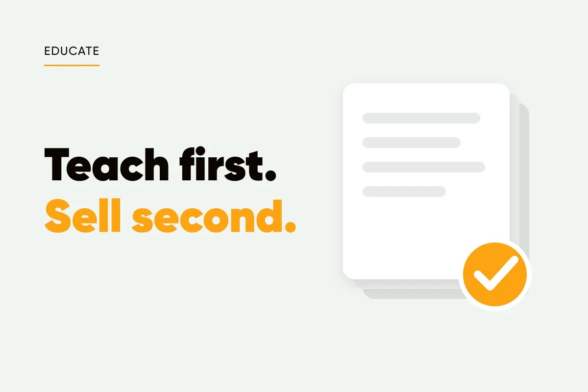 Branded cover with stacked lesson cards and a checkmark and the headline teach first, sell second