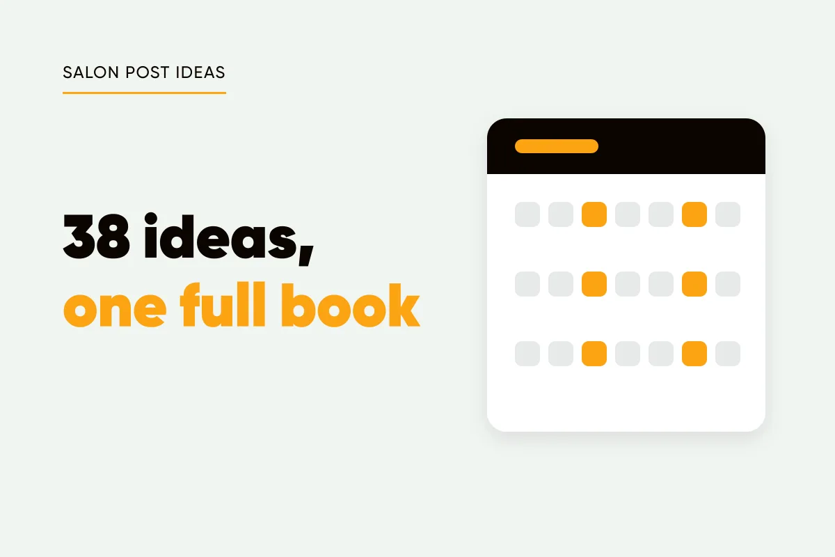 Branded cover with the eyebrow SALON POST IDEAS, the headline 38 ideas, one full book, and a calendar motif