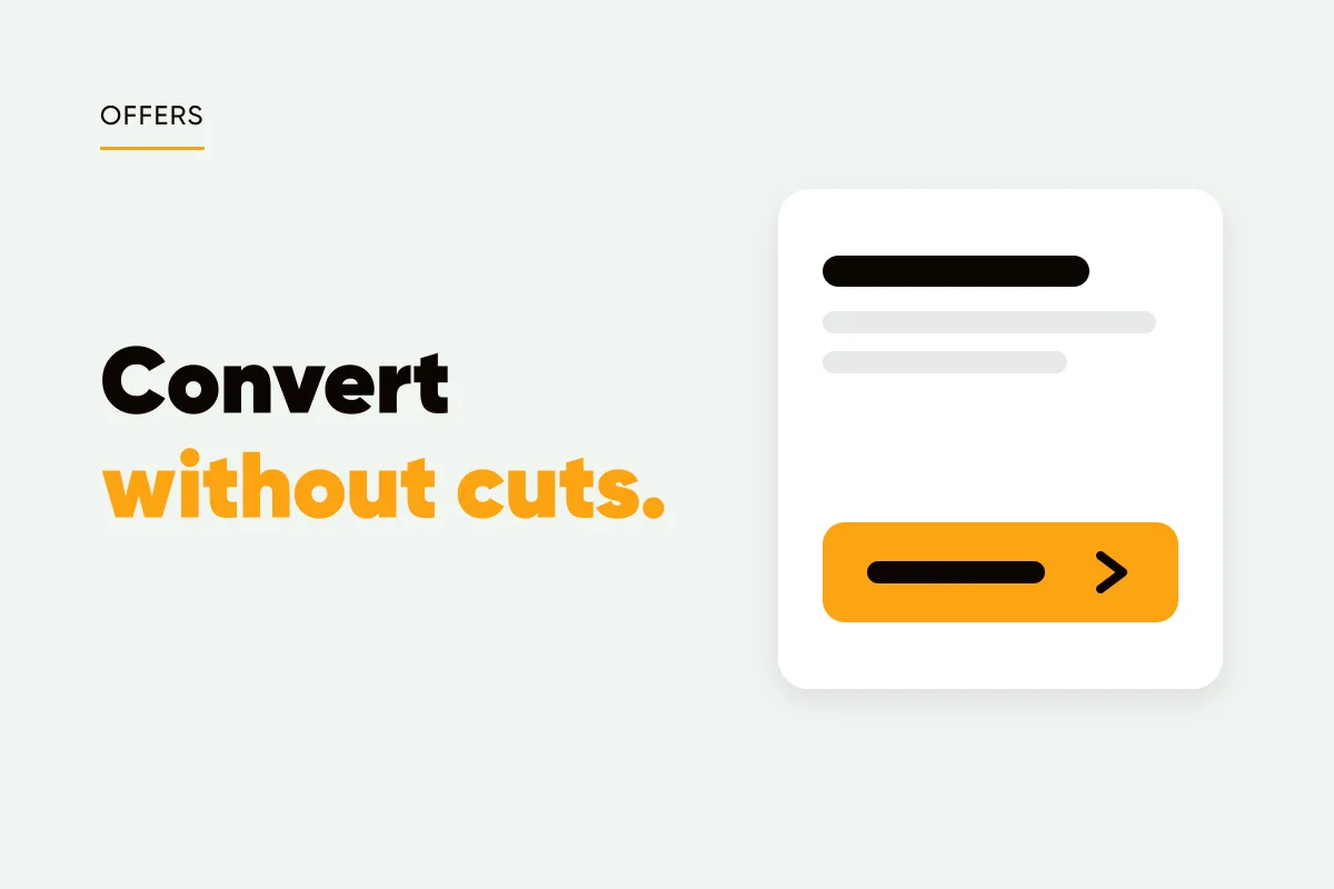 Branded cover with an offer card and amber button and the headline convert without cuts
