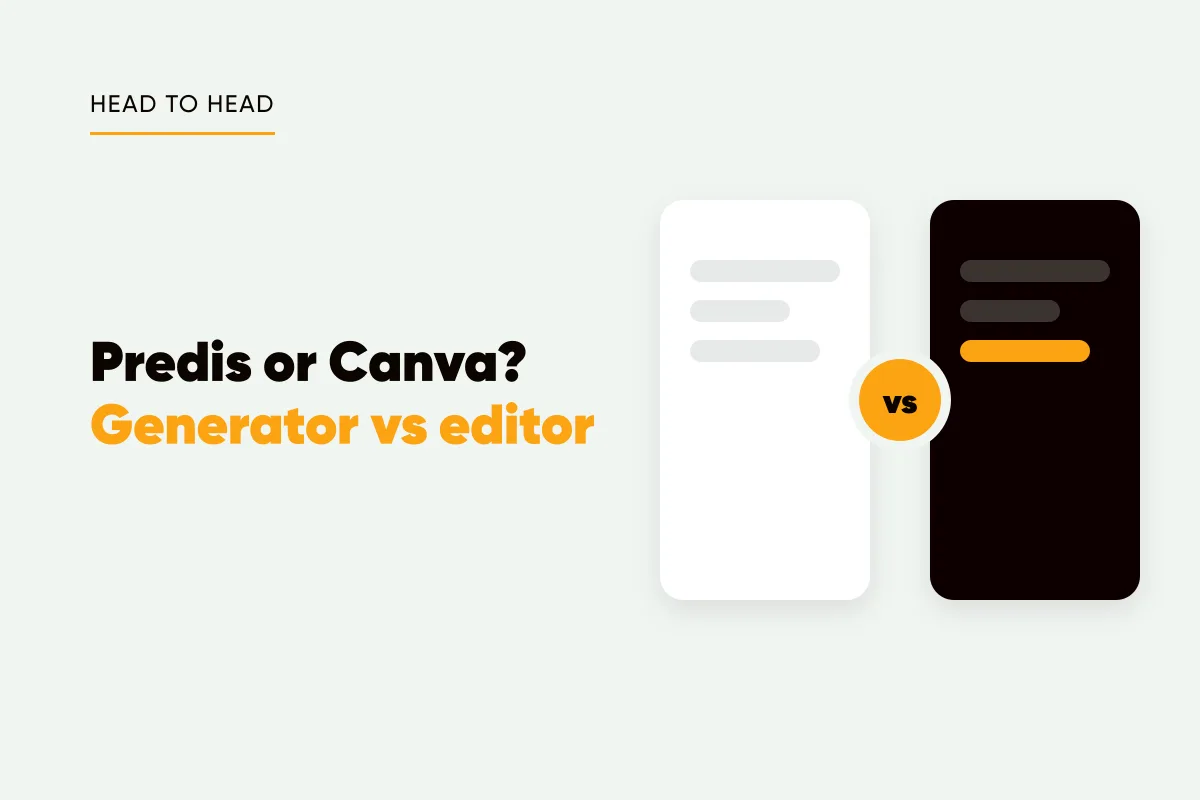 Branded cover with the eyebrow head to head, the headline Predis or Canva, generator vs editor, and two cards split by a vs badge