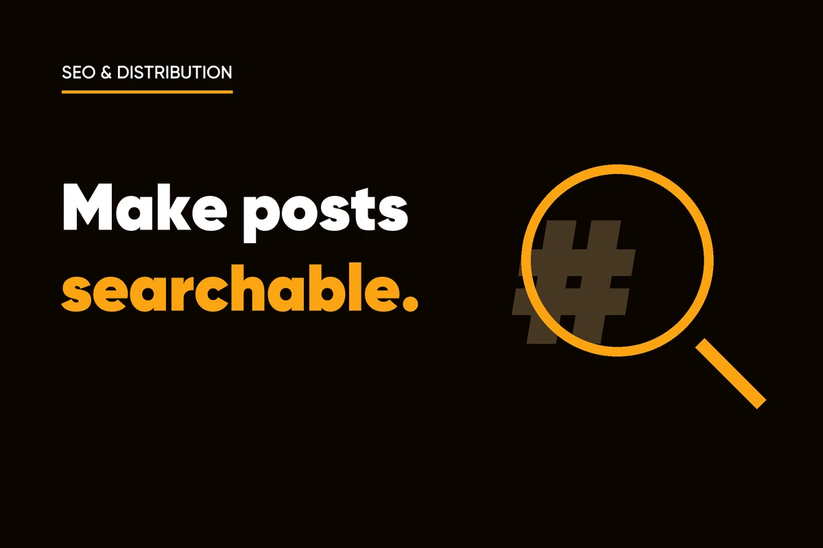 Magnifying glass over a large hashtag representing SEO for social posts
