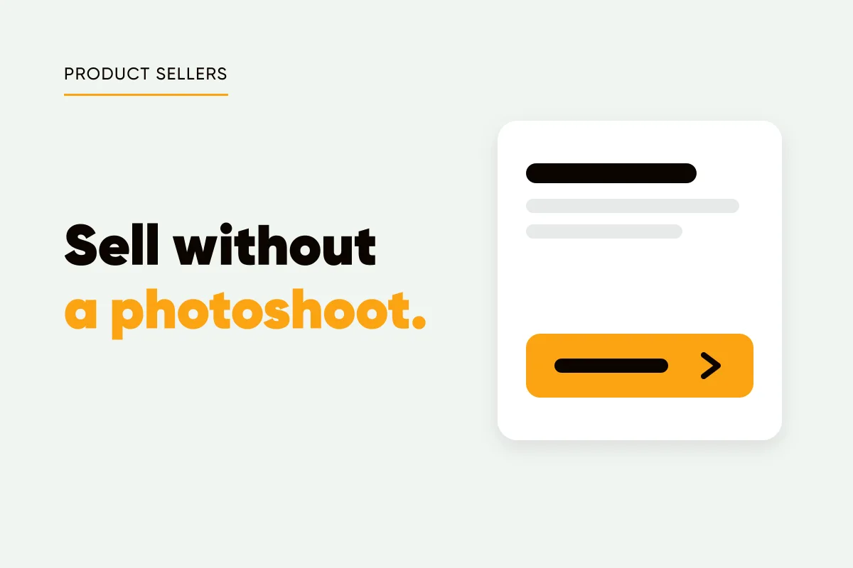 Branded cover with a product post card and amber buy button and the headline sell without a photoshoot