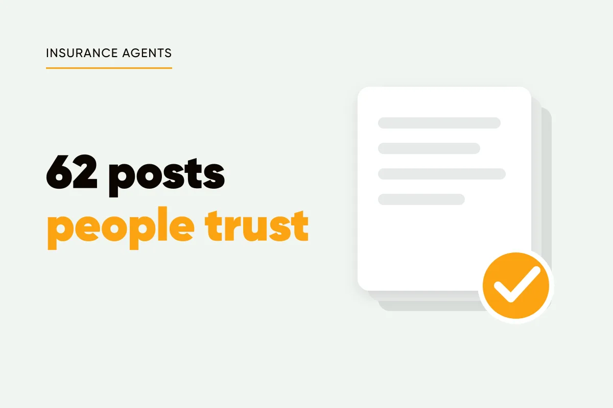 Branded cover with the eyebrow INSURANCE AGENTS, the headline 62 posts people trust, and a motif of stacked cards
