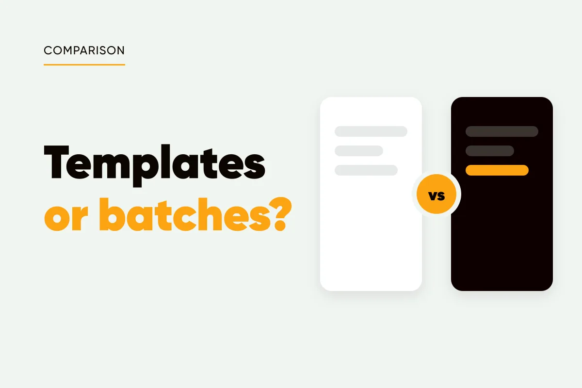 Branded cover with a white card and a dark card separated by a vs badge and the headline templates or batches