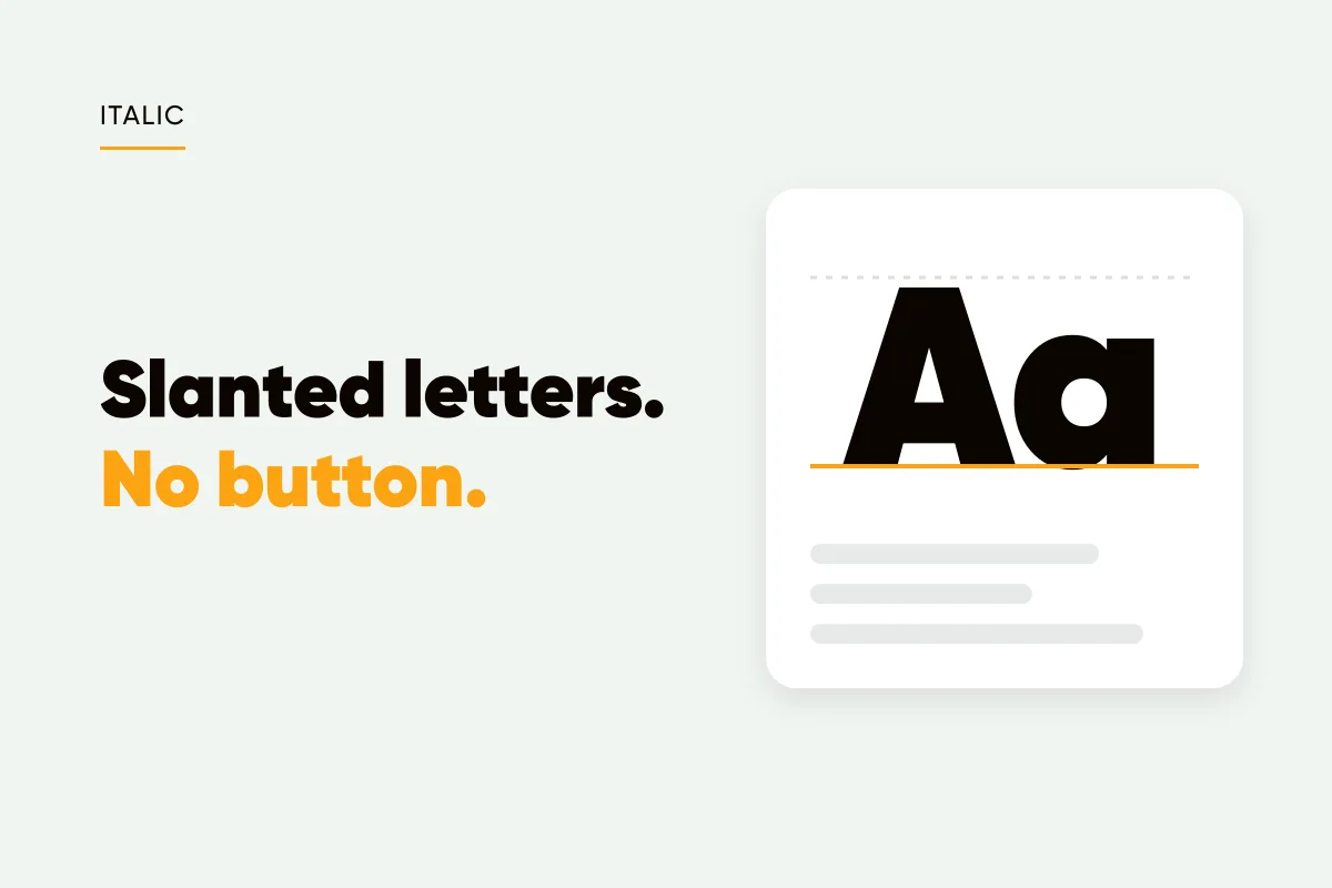 Branded cover with a large Aa type specimen card and the headline slanted letters, no button