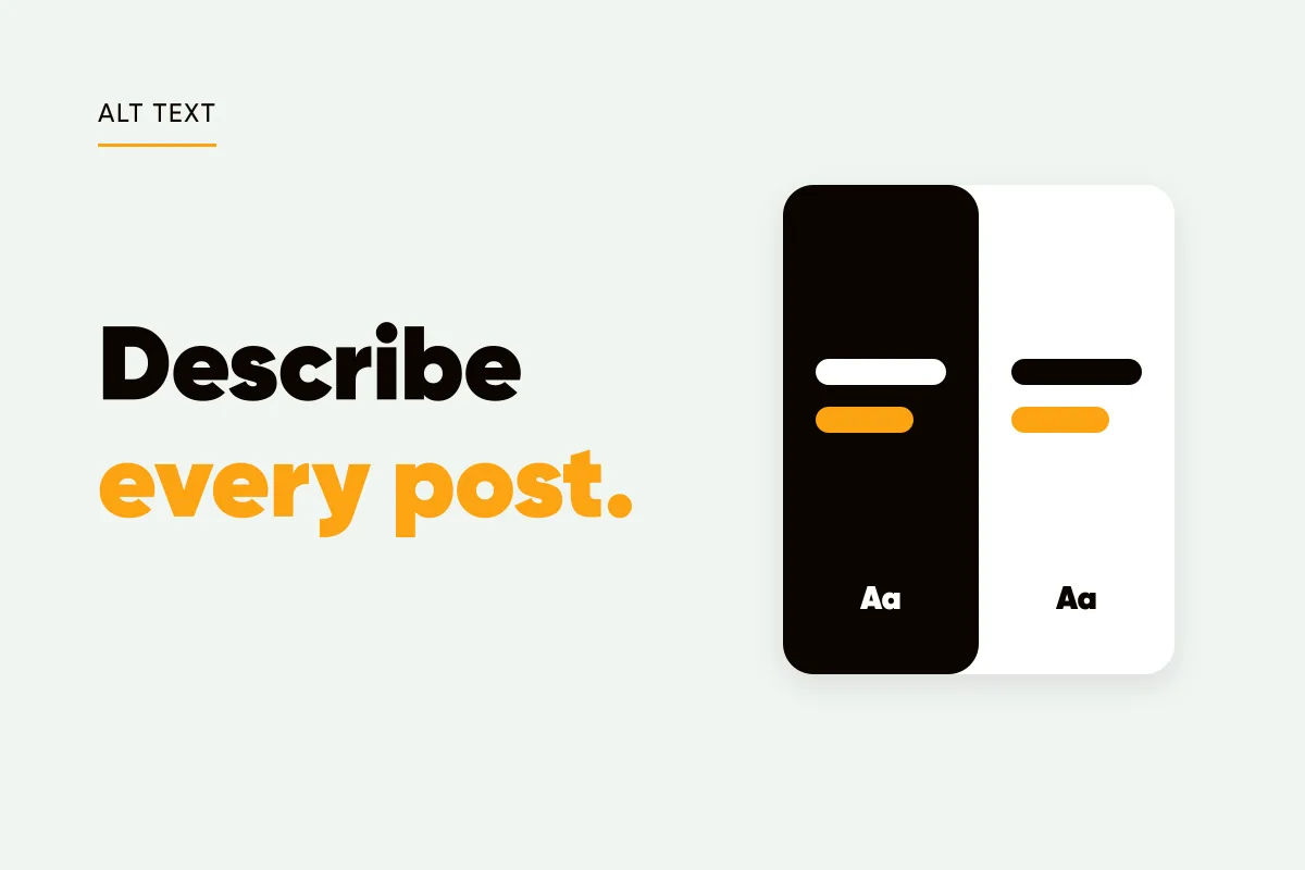 Branded cover with a split dark and light card showing text contrast and the headline describe every post
