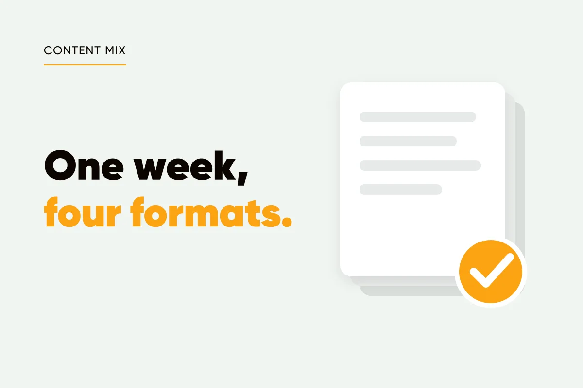 Branded cover with stacked format cards and the headline one week, four formats, under the eyebrow content mix