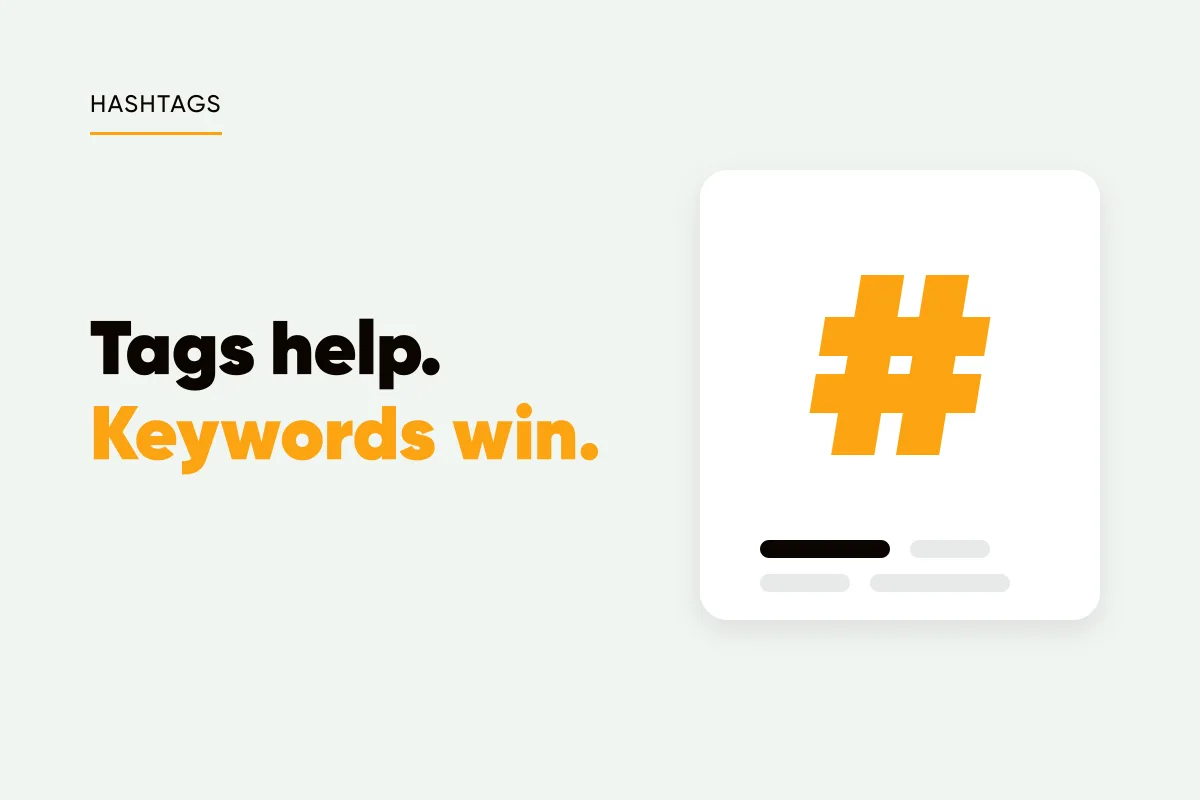 Branded cover with a large amber hashtag symbol and the headline tags help, keywords win