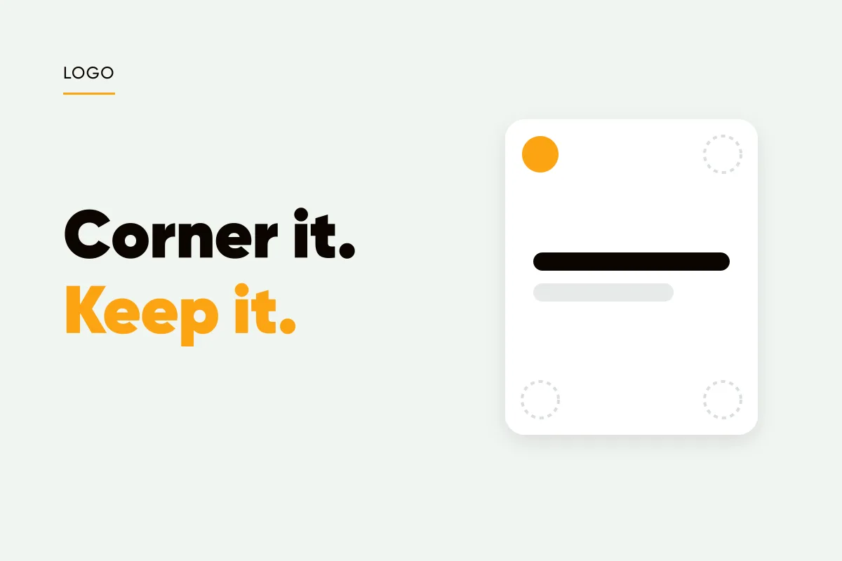 Branded cover with a post card showing four corner logo positions, one filled amber, and the headline corner it, keep it