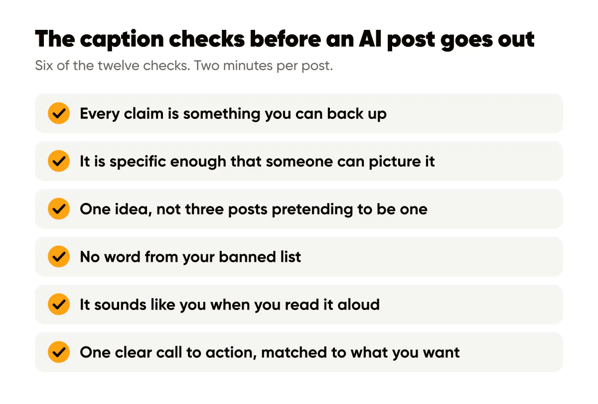 AI content quality checklist for captions: claims you can back up, one specific idea, no hype words, your voice, one CTA