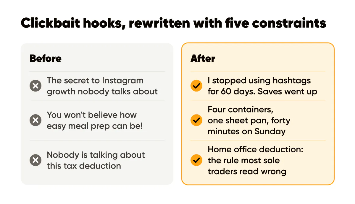 AI hooks that are not clickbait: three before and after rewrites with a specific, keepable promise