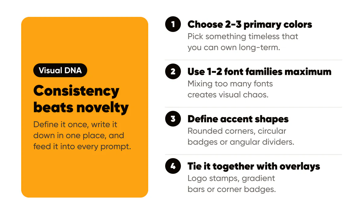AI image branding tips for your visual DNA: 2-3 primary colors, 1-2 font families, accent shapes and small overlays