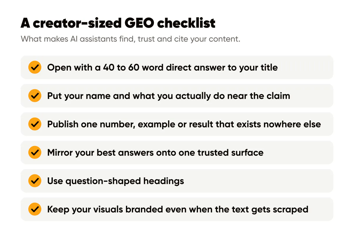 AI search optimization checklist for creators: a direct answer first, your name near the claim, one unique number