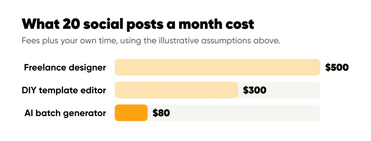 AI vs designer cost comparison for 20 posts a month: freelance designer $500, DIY editor $300, AI batch generator $80