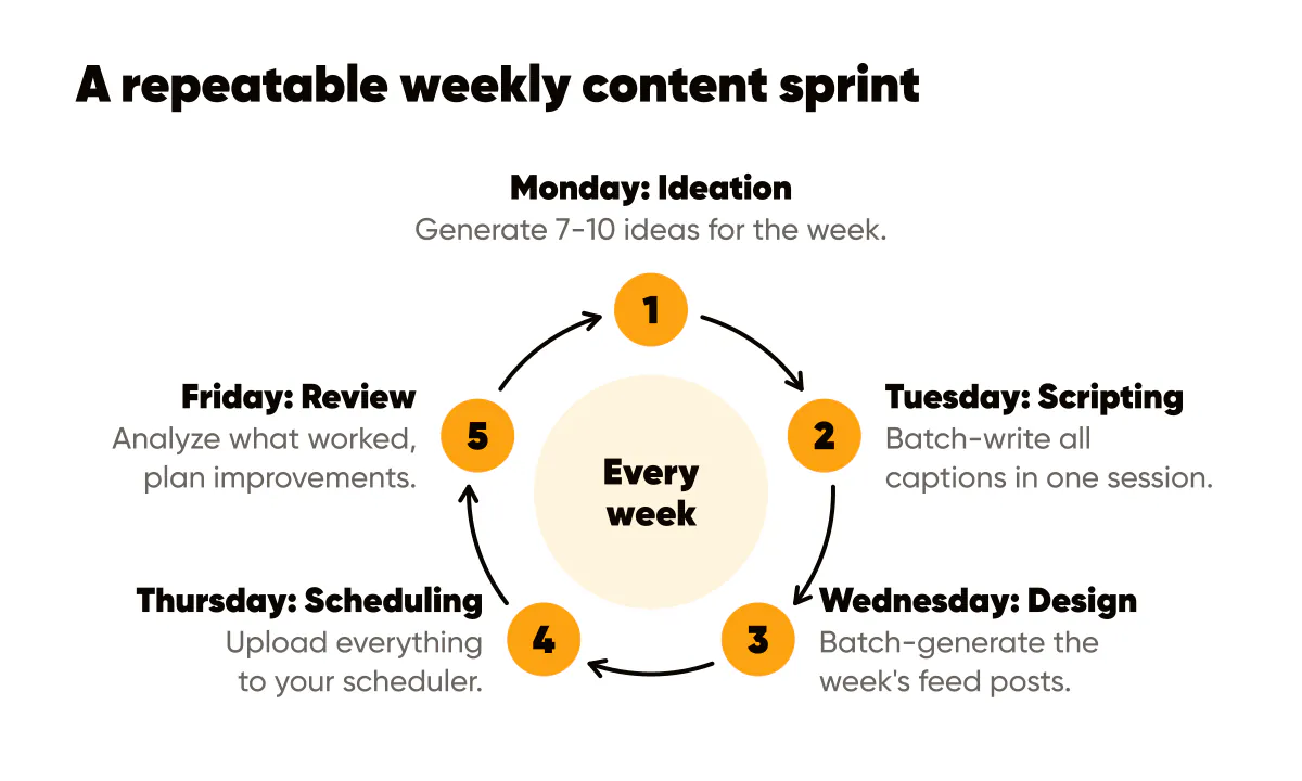 A batching content workflow as a weekly sprint: ideation, scripting, design, scheduling, then review