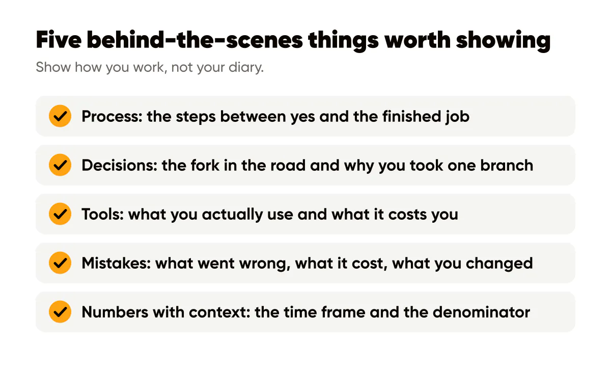 Behind the scenes content for solopreneurs: five things worth showing, from process and decisions to numbers