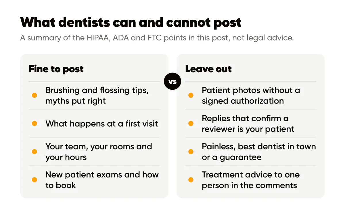 What dentists can and cannot post on Instagram: tips, team and hours versus patient photos, results and treatment advice