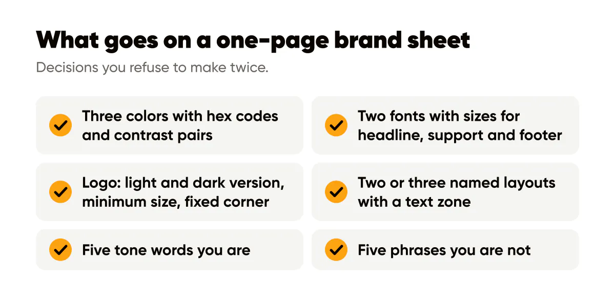One-page brand guidelines checklist: colors with contrast pairs, two fonts, logo rules, layouts and tone words