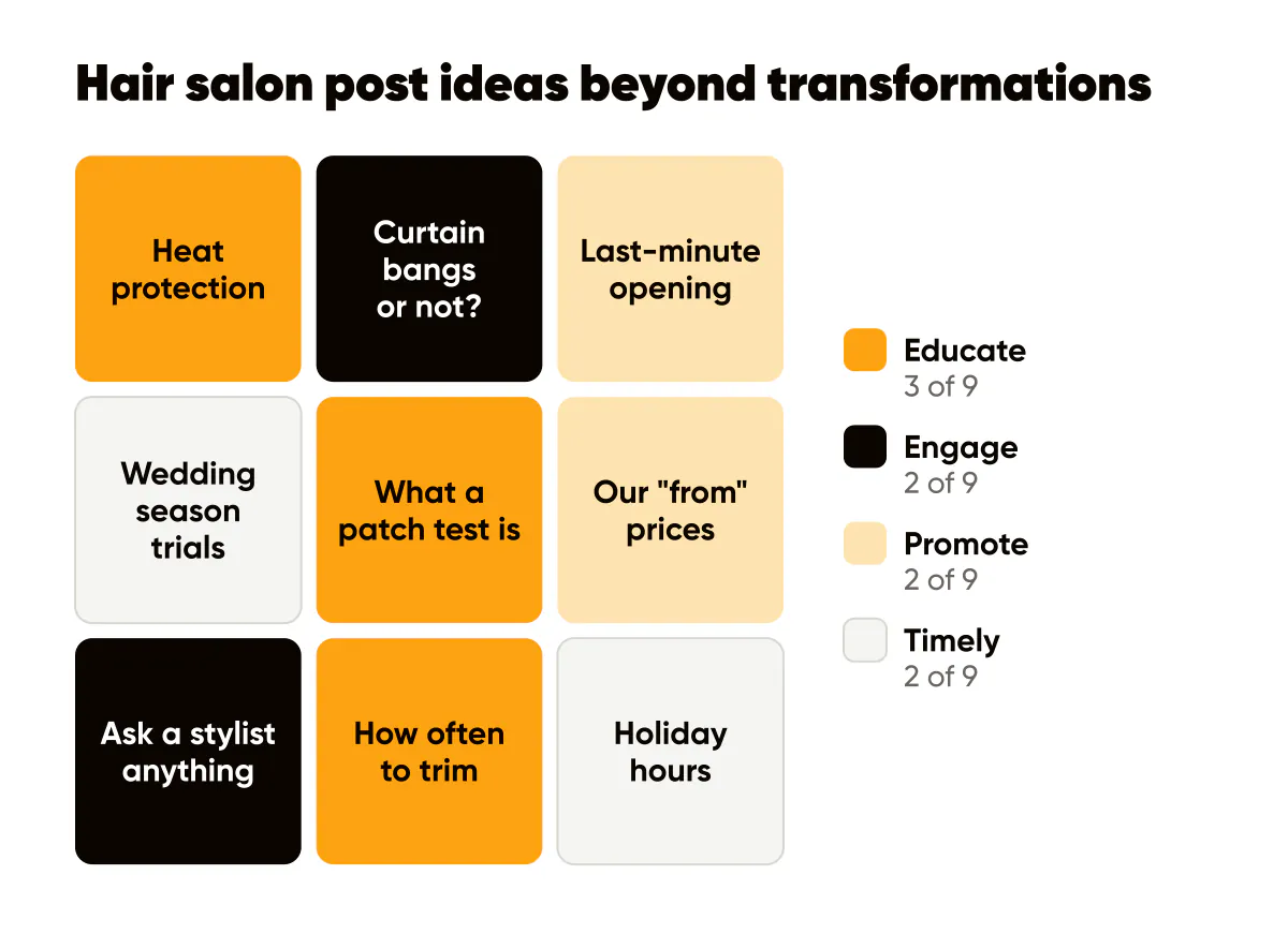 Hair salon Instagram post ideas by pillar: educate, engage, promote and timely posts beyond transformation photos