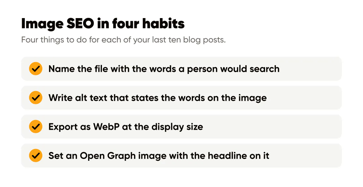 Image SEO best practices checklist: a descriptive filename, alt text with the image's words, WebP and an Open Graph image