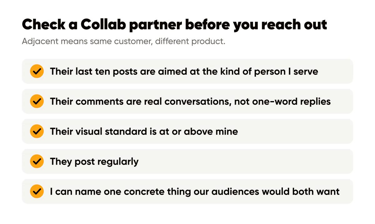 Instagram collab partner checklist for small brands: same audience, real comments, matching visuals, regular posting