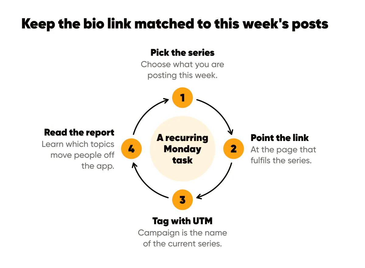 Instagram link in bio strategy loop: pick the series, point the link, tag it with UTM, read the campaign report