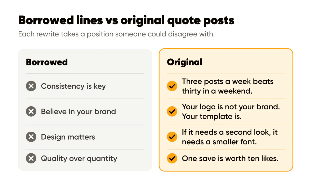 Instagram quote posts that work: generic lines like Consistency is key rewritten as specific original one-liners