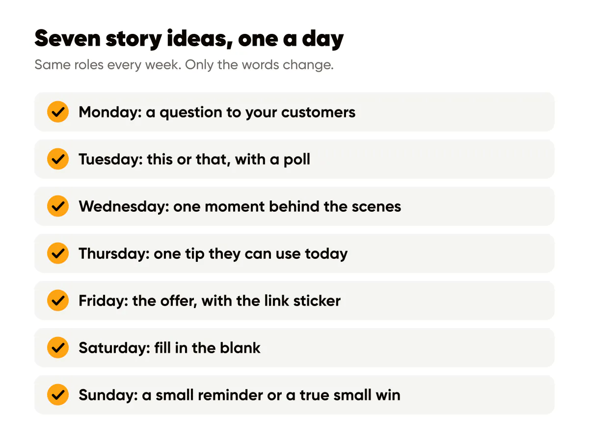 Instagram story ideas for business, one a day: a question, this or that, behind the scenes, a tip, an offer, a reminder