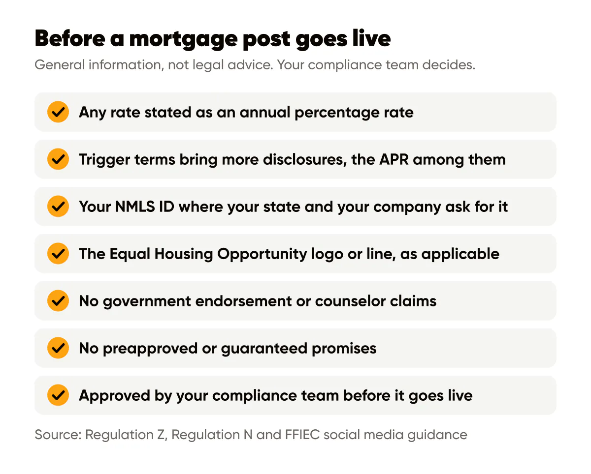 Loan officer social media post ideas checklist: APR, trigger terms, NMLS ID, Equal Housing Opportunity, compliance approval