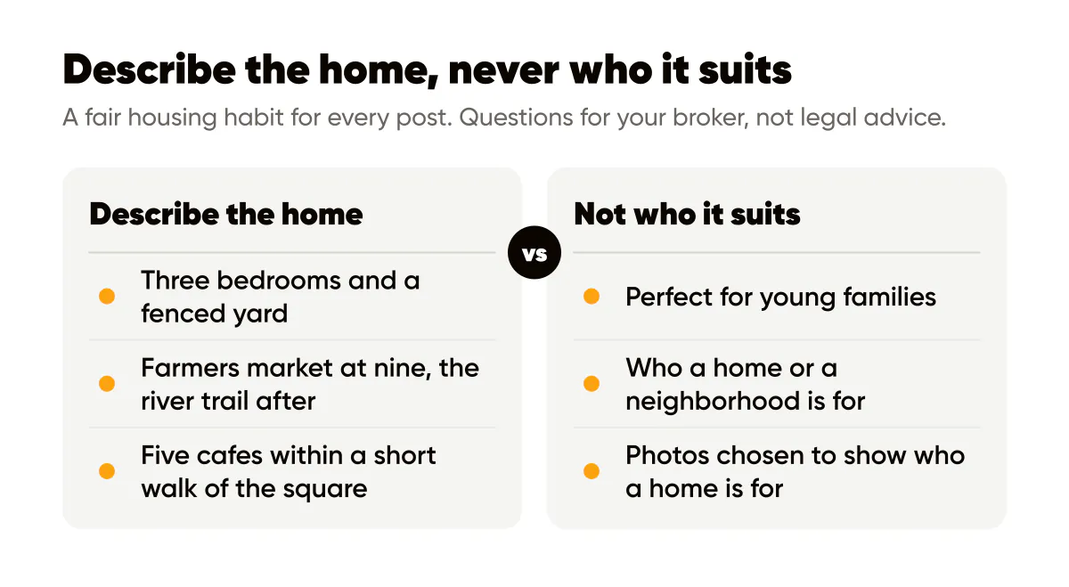 Real estate agent Instagram post ideas and fair housing: describe the home and the place, never who it suits