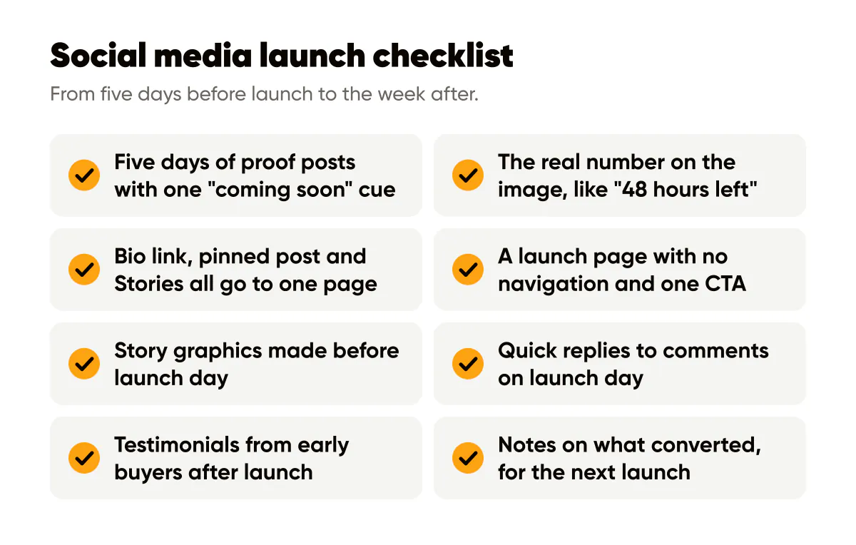 Social media launch checklist: proof posts, real countdown numbers, one link, Story graphics and follow-up testimonials