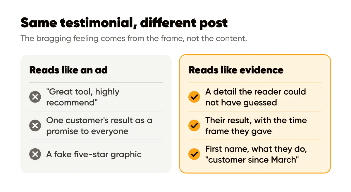 Social proof posts compared: vague praise and promises versus specific detail, time frames and a real attribution line