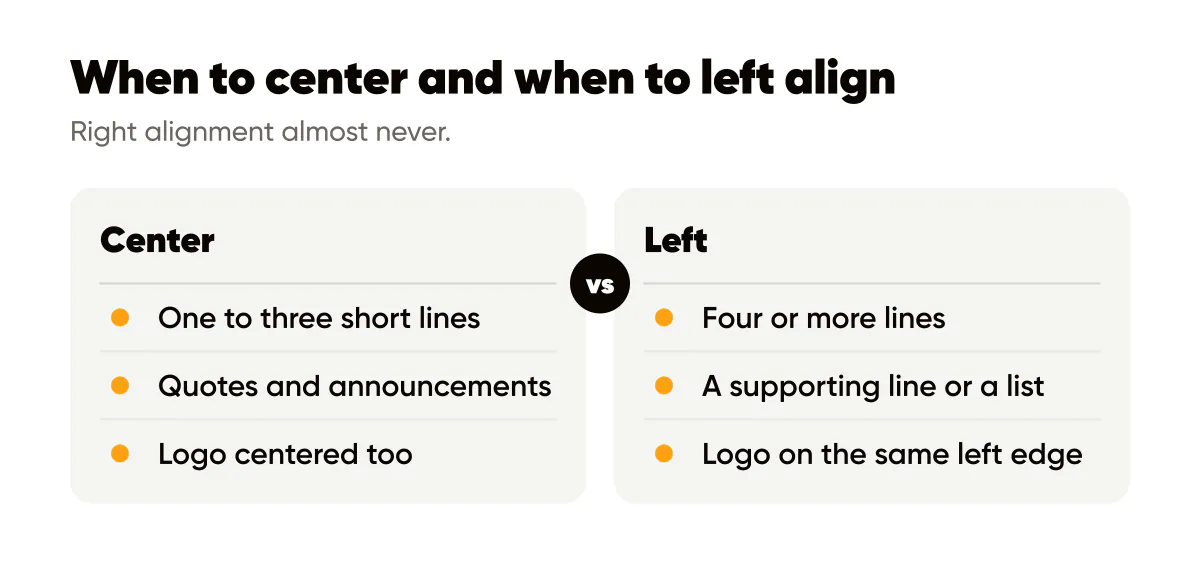 Text alignment for social posts: center short headlines and quotes, left align longer text, keep the logo on the same edge
