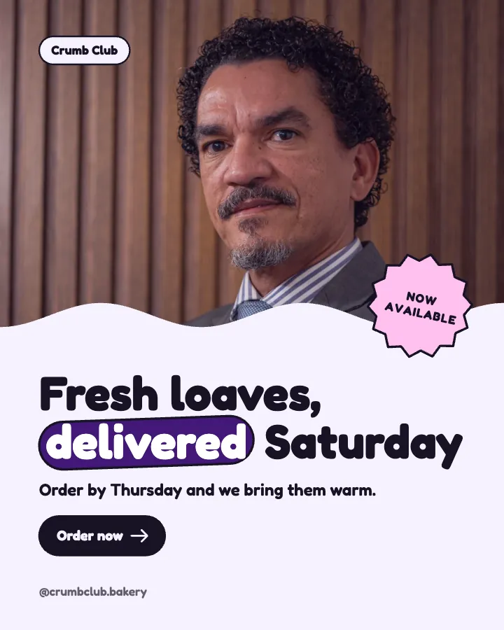 Crumb Club post: "Fresh loaves, delivered Saturday" (offer, Playful style)