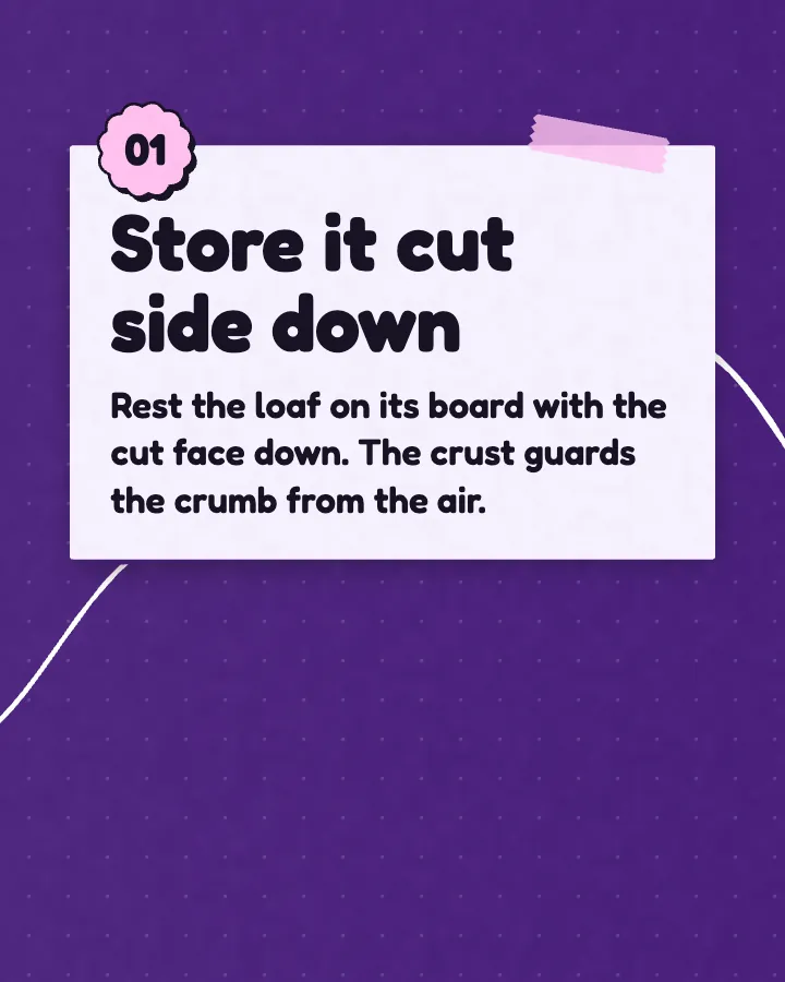 Crumb Club carousel, slide 2, "Store it cut side down": Rest the loaf on its board with the cut face down. The crust guards the crumb from the air. (Playful style)
