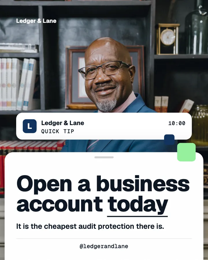 Ledger & Lane post: "Open a business account today" (tip, Block style)