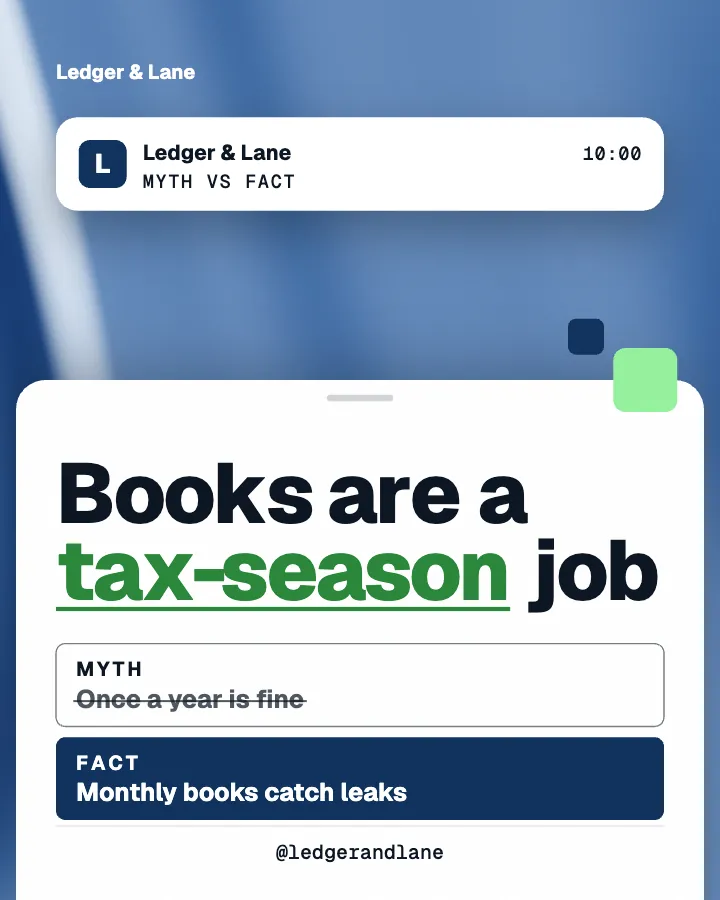 Ledger & Lane post: "Books are a tax-season job" (myth vs fact, Block style)
