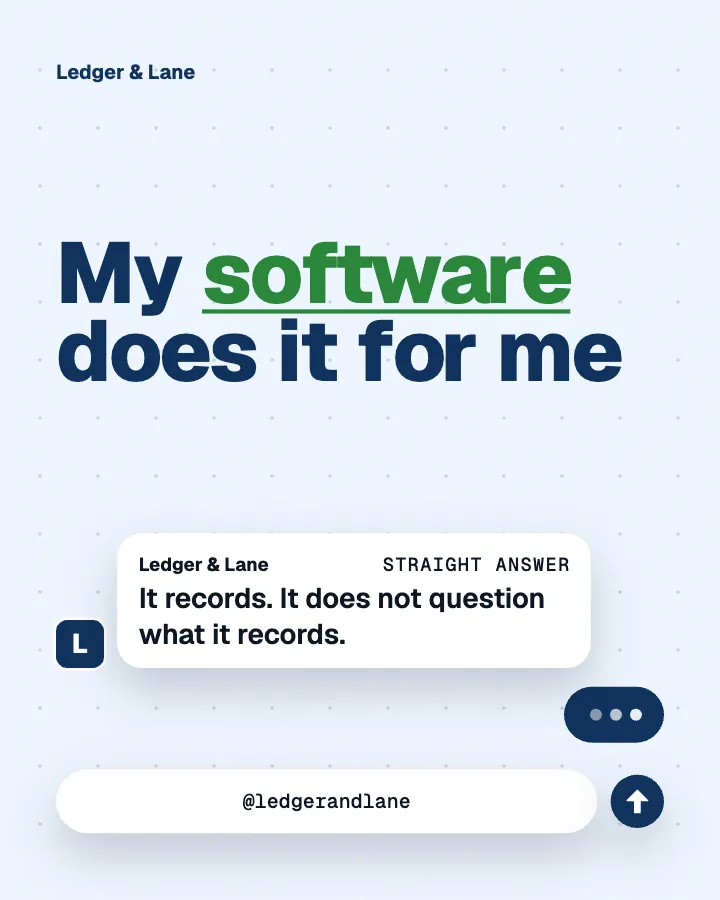 Ledger & Lane post: "My software does it for me" (objection, Block style)