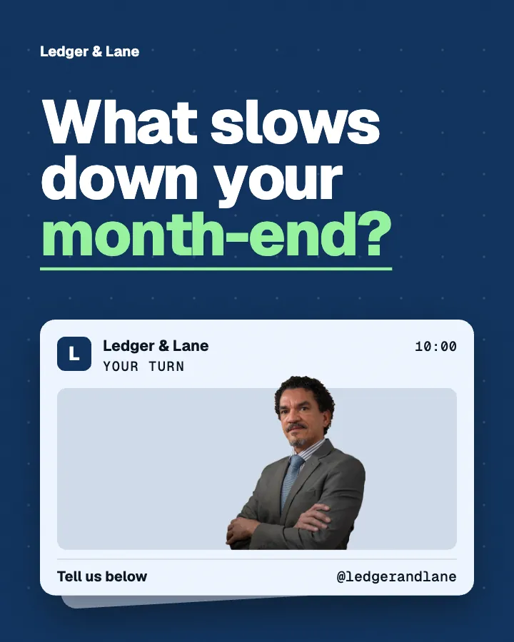 Ledger & Lane post: "What slows down your month-end?" (question, Block style)