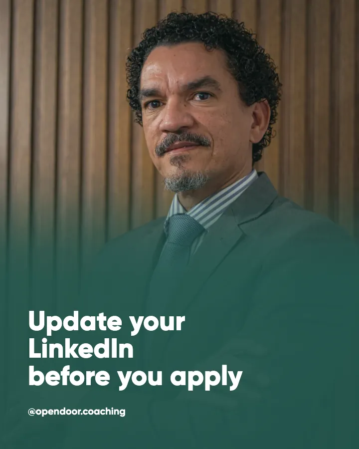 Open Door Coaching post: "Update your LinkedIn before you apply" (tip, Studio style)
