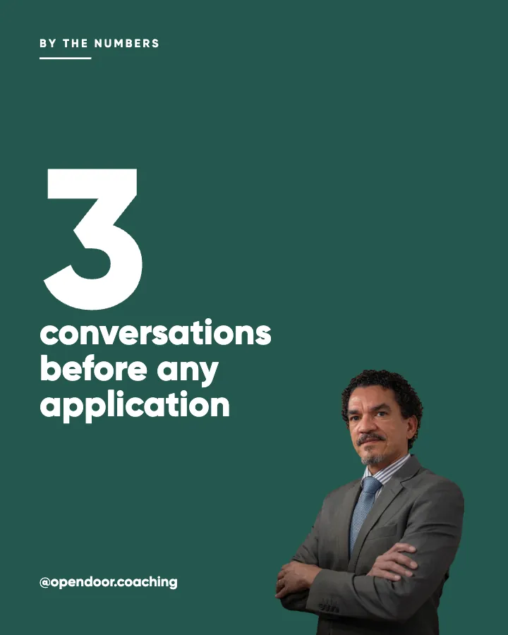 Open Door Coaching post: "3 conversations before any application" (number, Studio style)