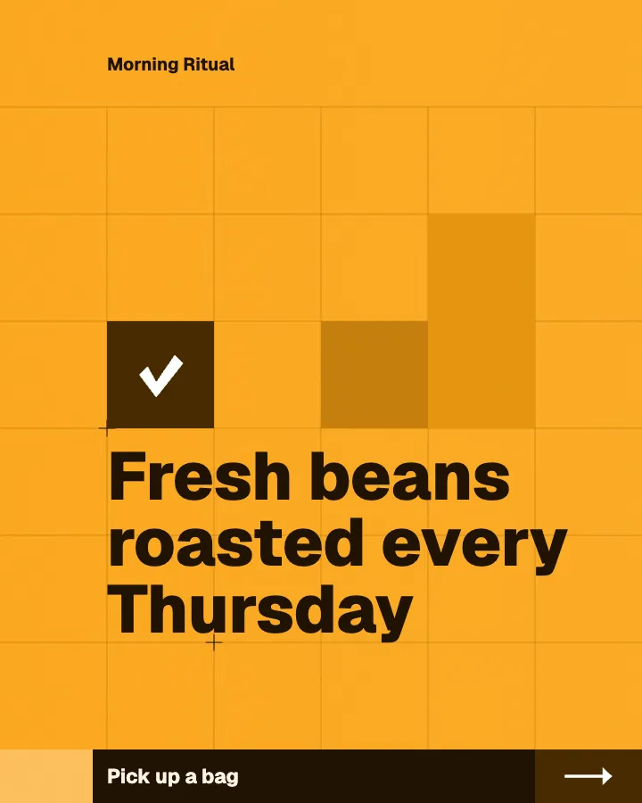 Morning Ritual carousel, closing slide, "Fresh beans roasted every Thursday" (Block style)