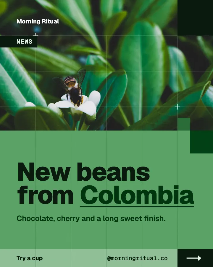 Morning Ritual post: "New beans from Colombia" (announcement, Block style)