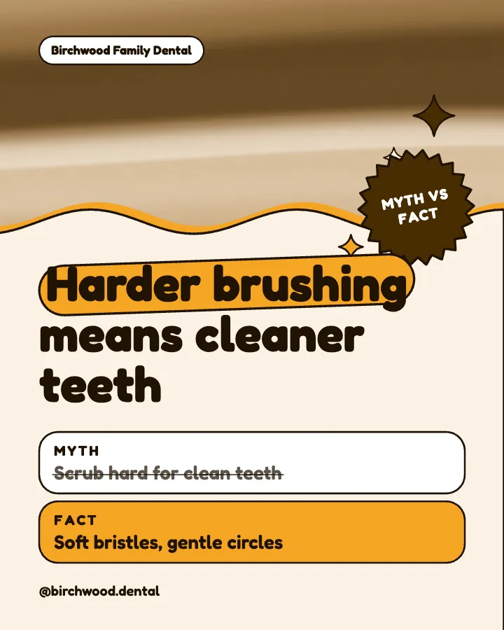 Birchwood Family Dental post: "Harder brushing means cleaner teeth" (myth vs fact, Playful style)